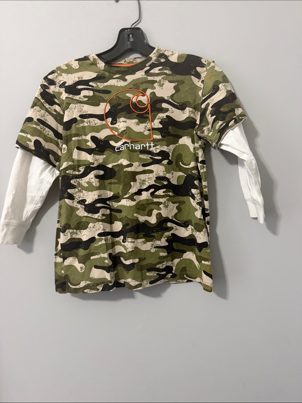 Carhartt Boys' Olive Green Camo Layered-Look Long Sleeve Tee-Size Small-8-10